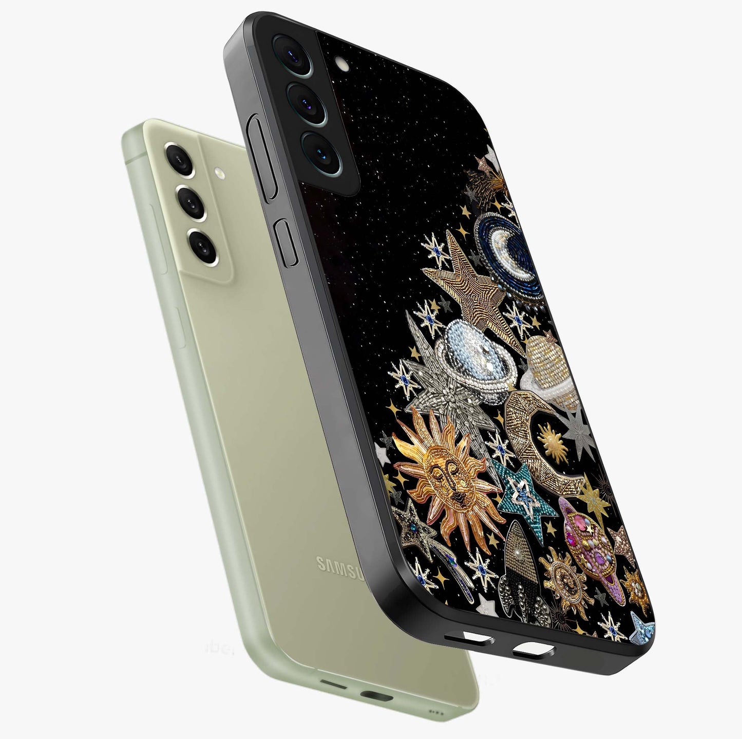 Cosmic Sparkle Dreams Glass Case displayed in angled mockup highlighting dreamy star sparkle design with celestial aesthetic.