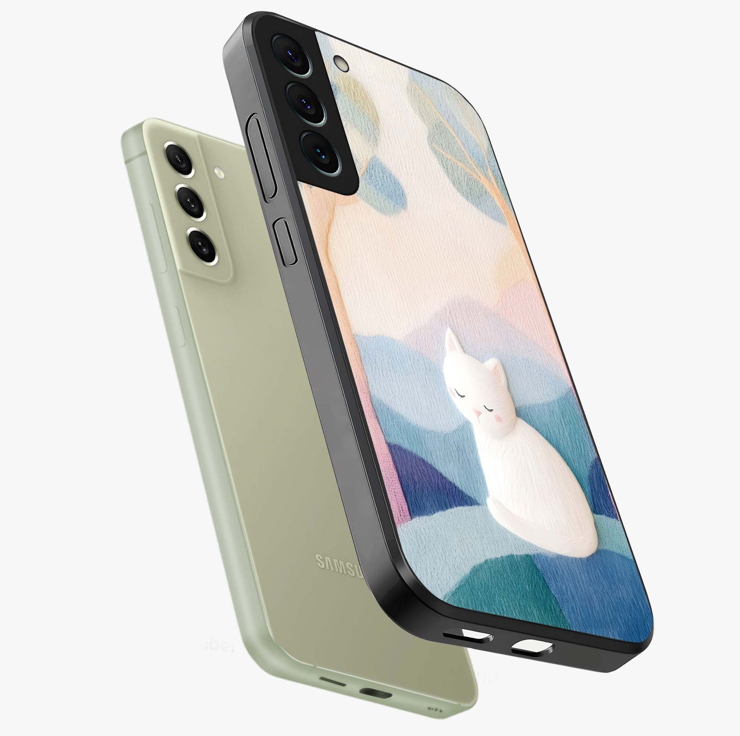 Cotton Dream Cat Glass Case displayed in angled mockup highlighting cute feline illustration with pastel aesthetic style.