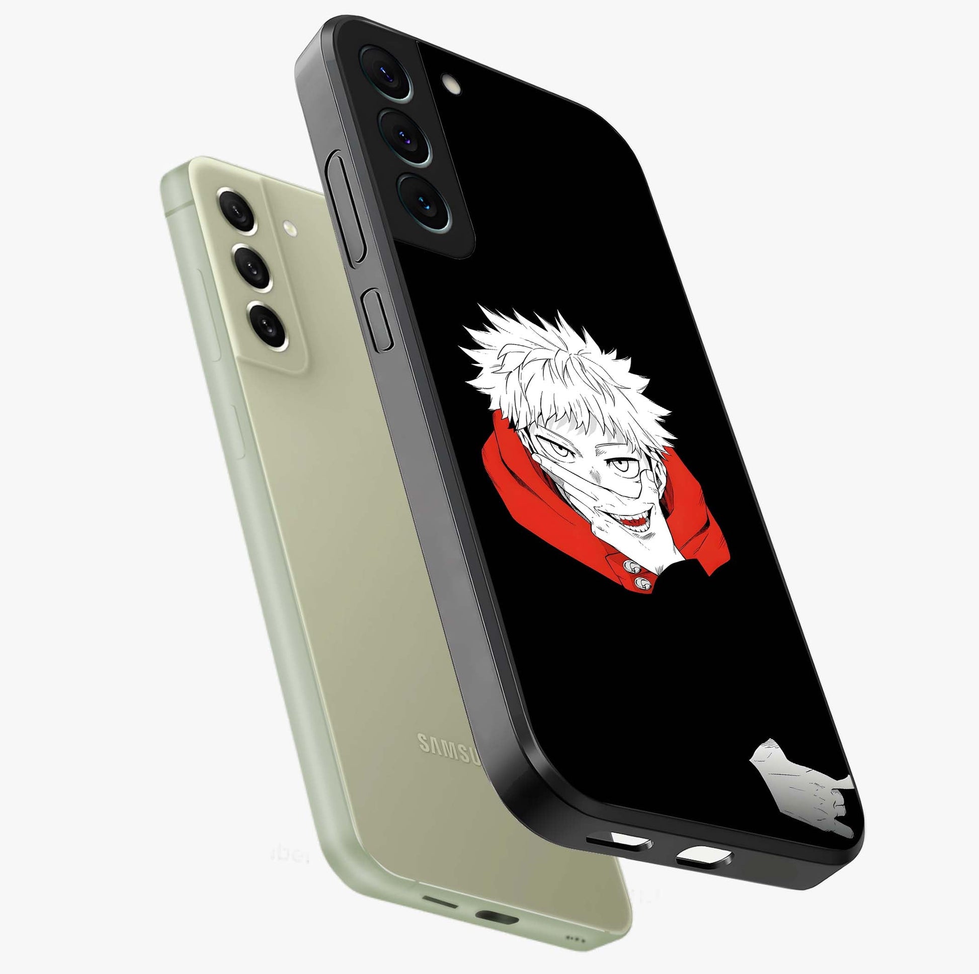 Crimson Chaos Smile Glass Case displayed in angled mockup highlighting edgy crimson smile design with graphic aesthetic.