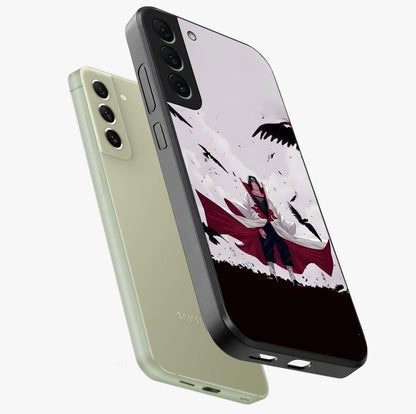 Crimson Crow Ascension Glass Case displayed in angled mockup highlighting powerful crow illustration with dark crimson aesthetic.