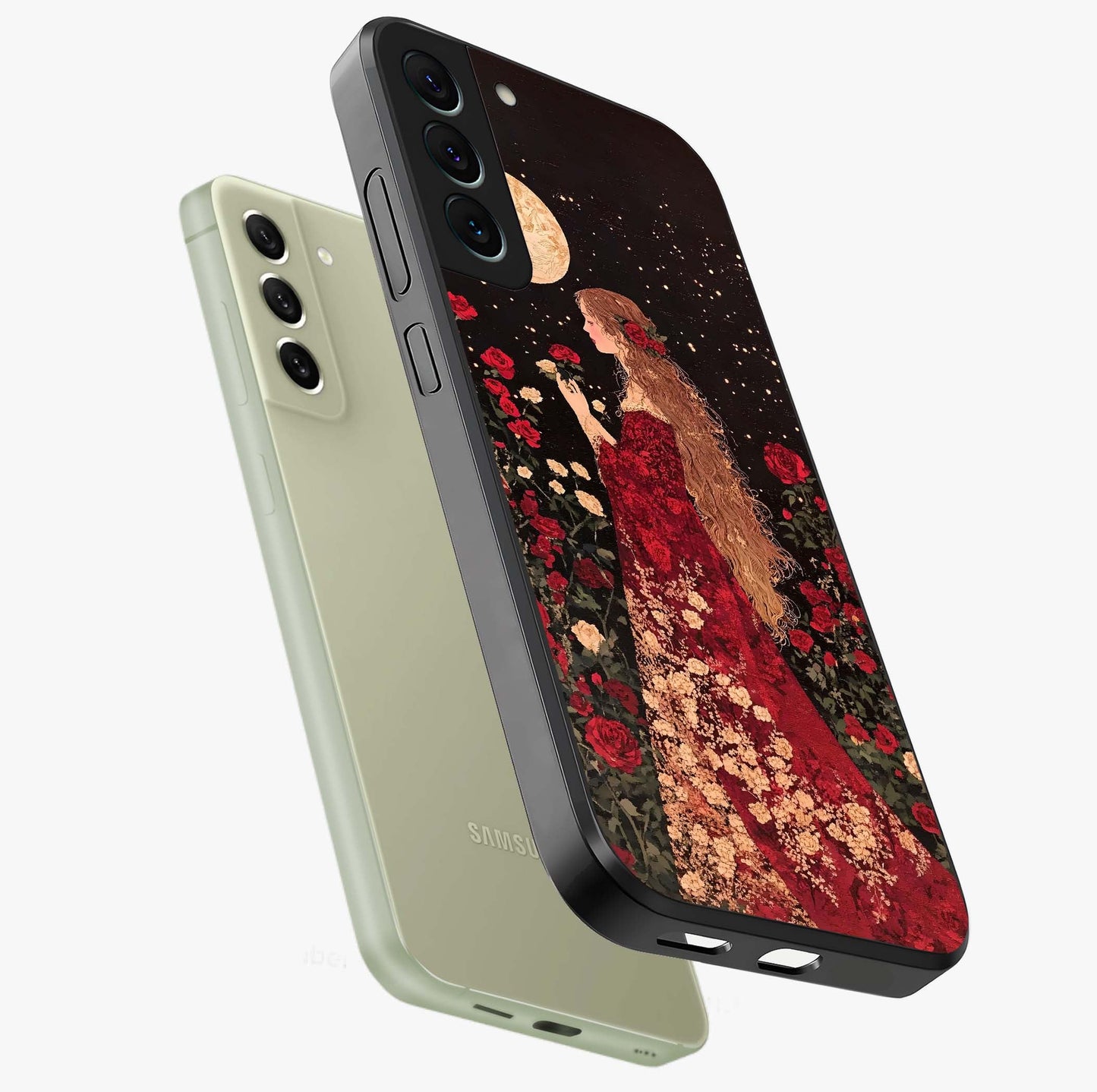 Crimson Dreams Glass Case displayed in angled mockup highlighting soft crimson aesthetic design with artistic theme.