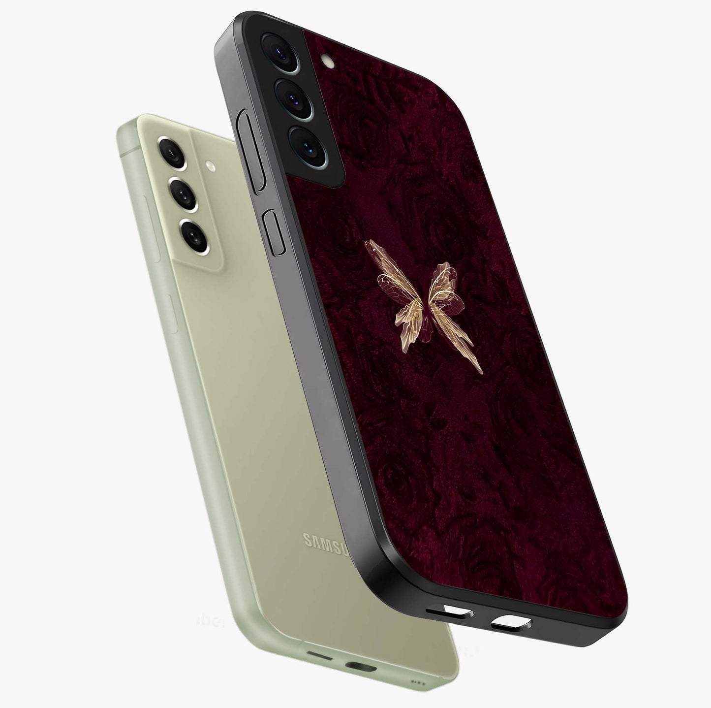 Crimson Fade Butterfly Glass Case displayed in angled mockup highlighting elegant butterfly design with crimson gradient aesthetic.