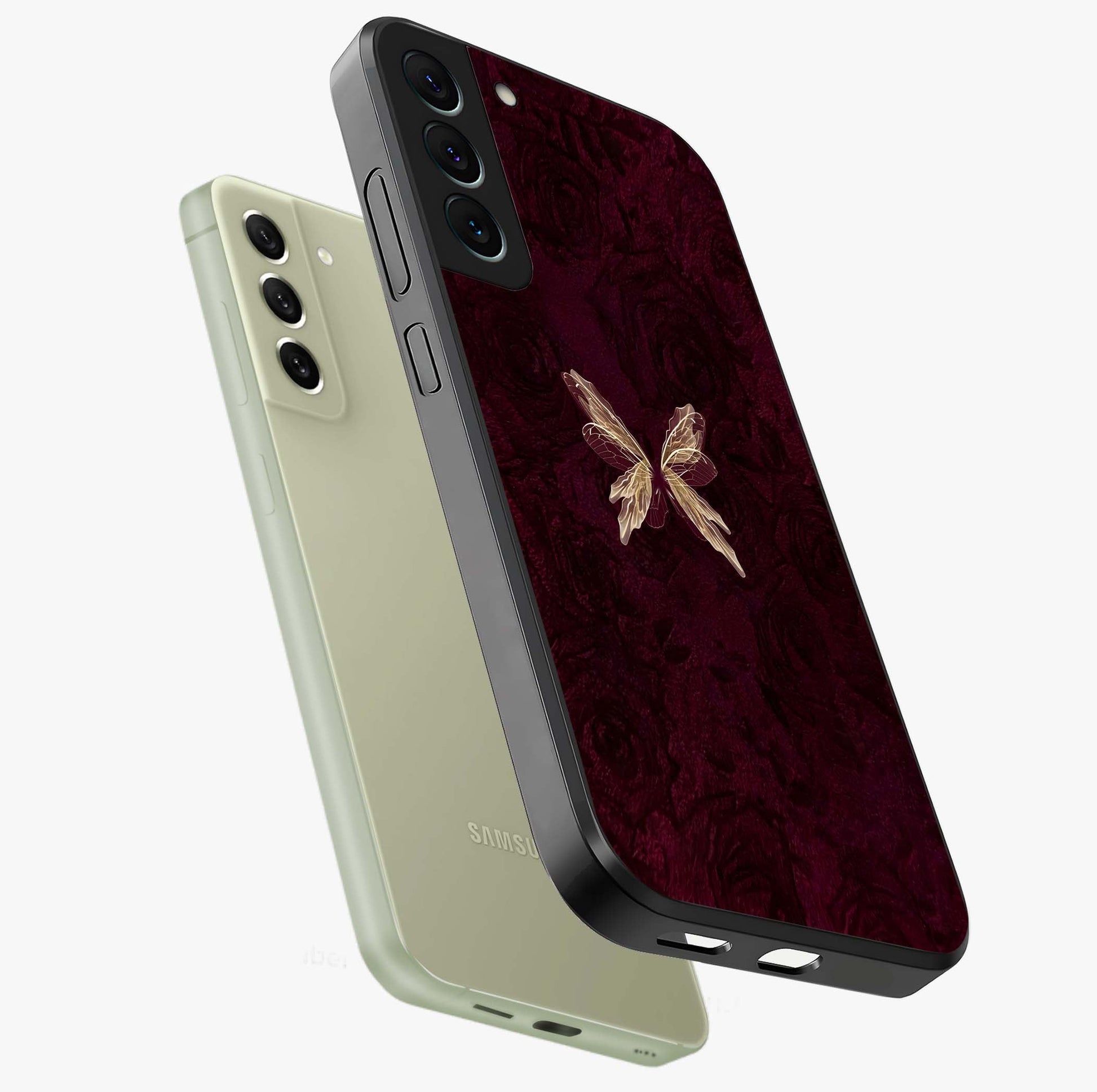 Crimson Fade Butterfly Glass Case displayed in angled mockup highlighting elegant butterfly design with crimson gradient aesthetic.