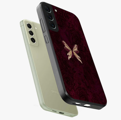 Crimson Fade Butterfly Glass Case displayed in angled mockup highlighting elegant butterfly design with crimson gradient aesthetic.