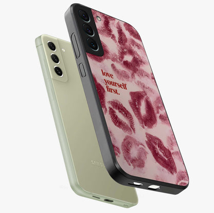 Crimson Kiss Love Glass Case displayed in angled mockup highlighting bold love inspired design with modern aesthetic style.