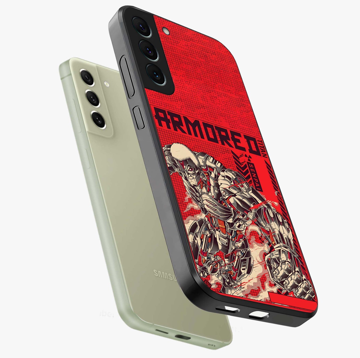 Crimson Mecha Titan Glass Case displayed in angled mockup highlighting futuristic mech illustration with bold crimson aesthetic.
