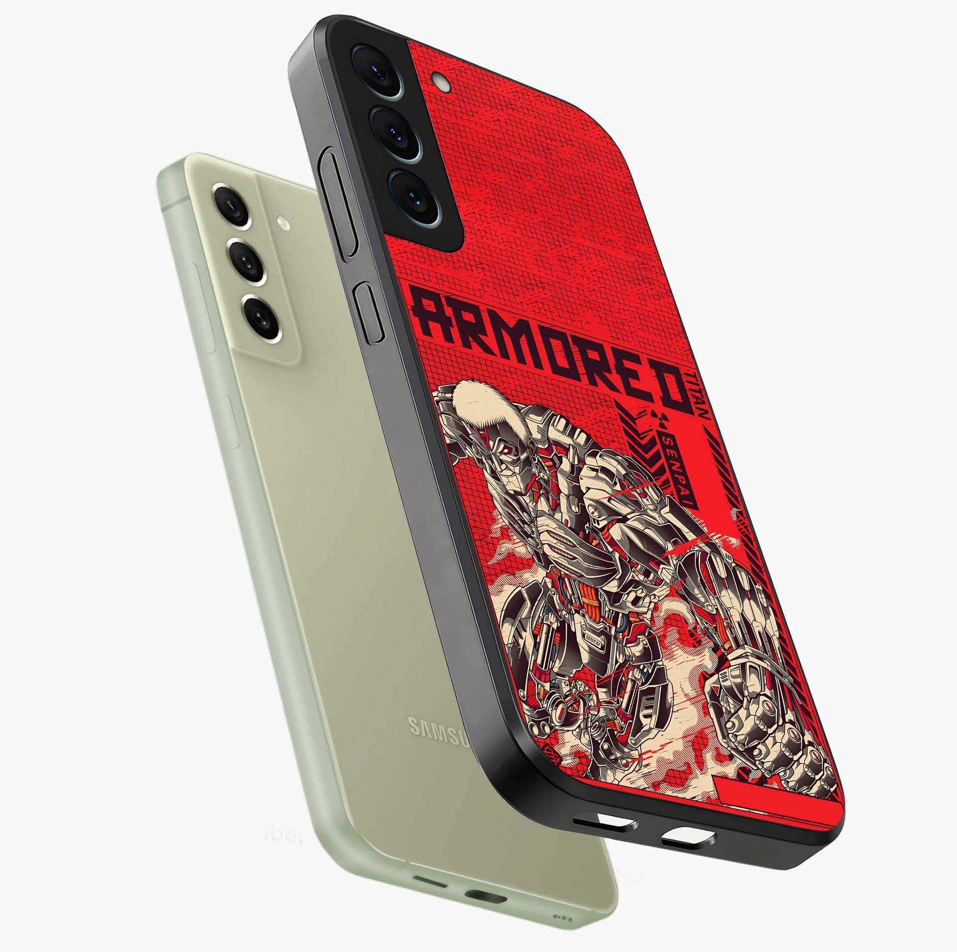 Crimson Mecha Titan Glass Case displayed in angled mockup highlighting futuristic mech illustration with bold crimson aesthetic.