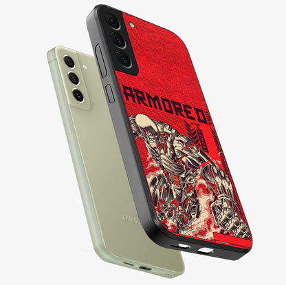 Crimson Mecha Titan Glass Case displayed in angled mockup highlighting futuristic mech illustration with bold crimson aesthetic.