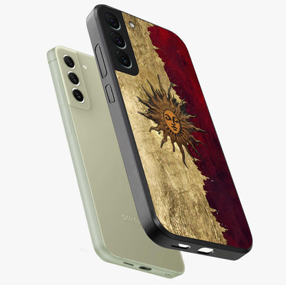 Crimson Sun Majesty Glass Case displayed in angled mockup highlighting majestic crimson sun design with bold aesthetic style.