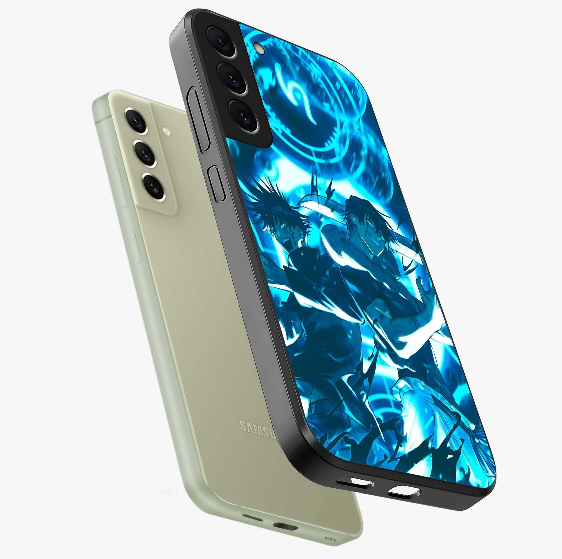 Cursed Energy Clash Glass Case displayed in angled mockup highlighting powerful battle inspired graphic with anime style aesthetic.