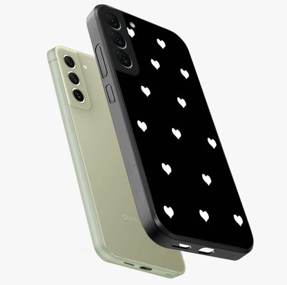 Cute And Simple White Hearts Glass Case displayed in angled mockup highlighting cute heart design with clean aesthetic style.