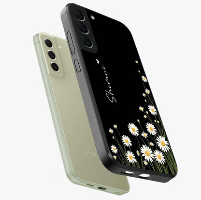 Daisy Cascade Custom Name Glass Case displayed in angled mockup highlighting delicate daisy artwork with custom name feature.