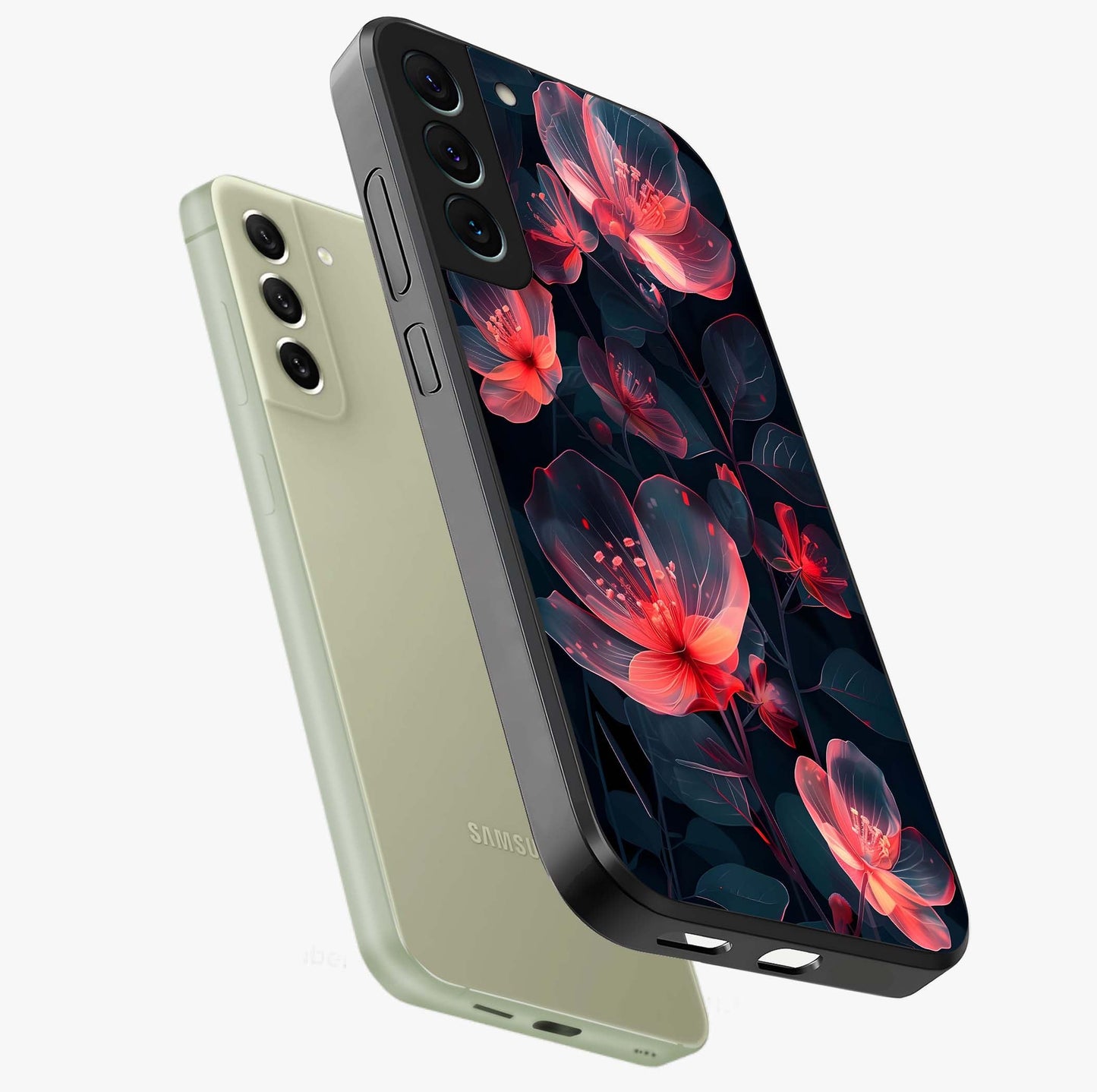 Dark Shade of Flower Glass Case displayed in angled mockup highlighting moody floral illustration with aesthetic dark tones.