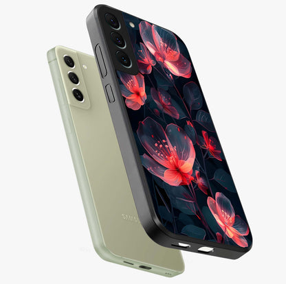 Dark Shade of Flower Glass Case displayed in angled mockup highlighting moody floral illustration with aesthetic dark tones.
