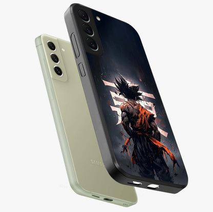 Dark Warrior In Rain Glass Case displayed in angled mockup highlighting dramatic warrior illustration with dark rain aesthetic.