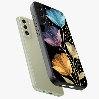 Delicate Multicolor Flowers Glass Case displayed in angled mockup highlighting colorful flower pattern with soft aesthetic style.