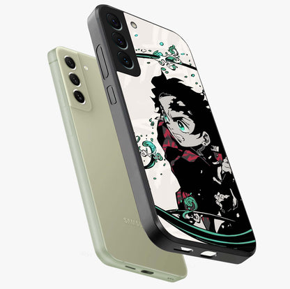 Demon Slayer Glass Case displayed in angled mockup highlighting dramatic anime character design with action aesthetic.