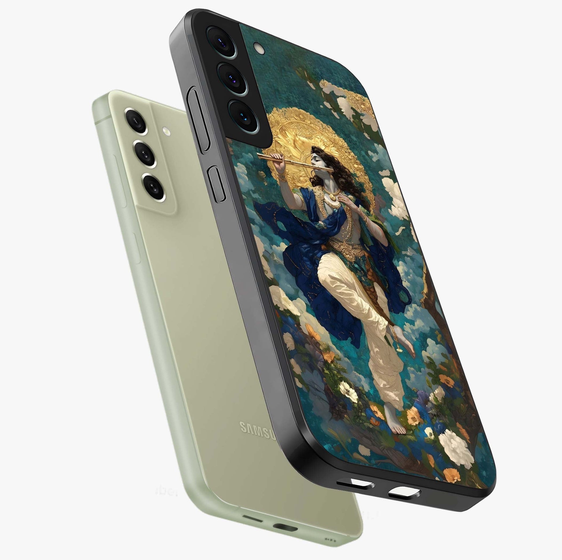 Divine Krishna Art Glass Case displayed in angled mockup highlighting spiritual Krishna illustration with devotional aesthetic.