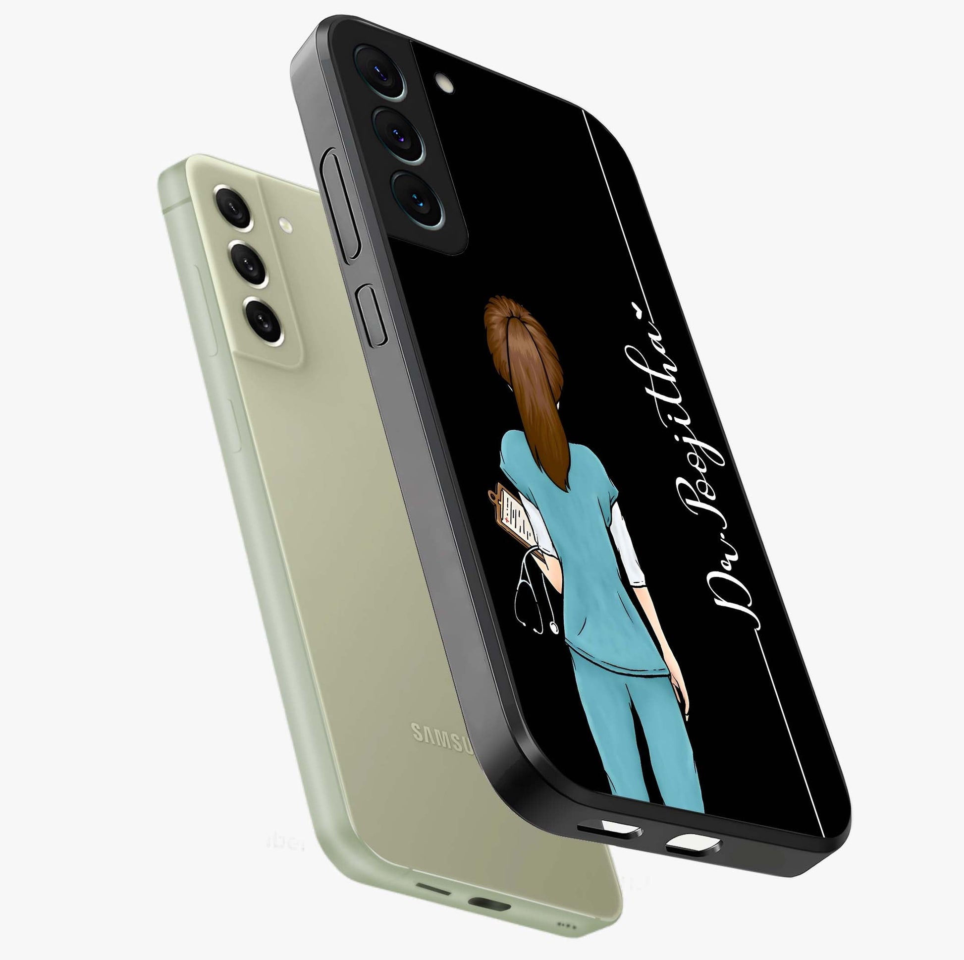 Doctor Pattern Custom Name Glass Case displayed in angled mockup highlighting doctor inspired artwork with custom name feature.