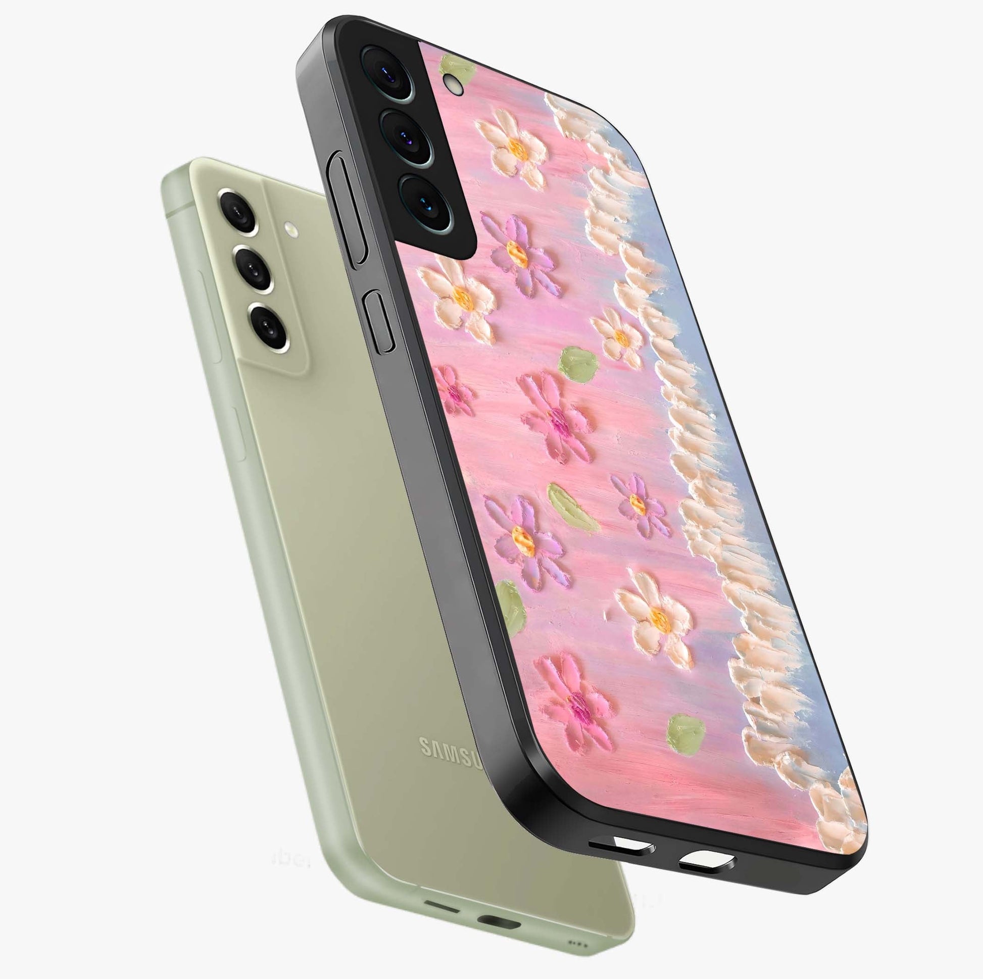 Dreamy Painted Garden Glass Case displayed in angled mockup highlighting colorful garden illustration with dreamy aesthetic style.