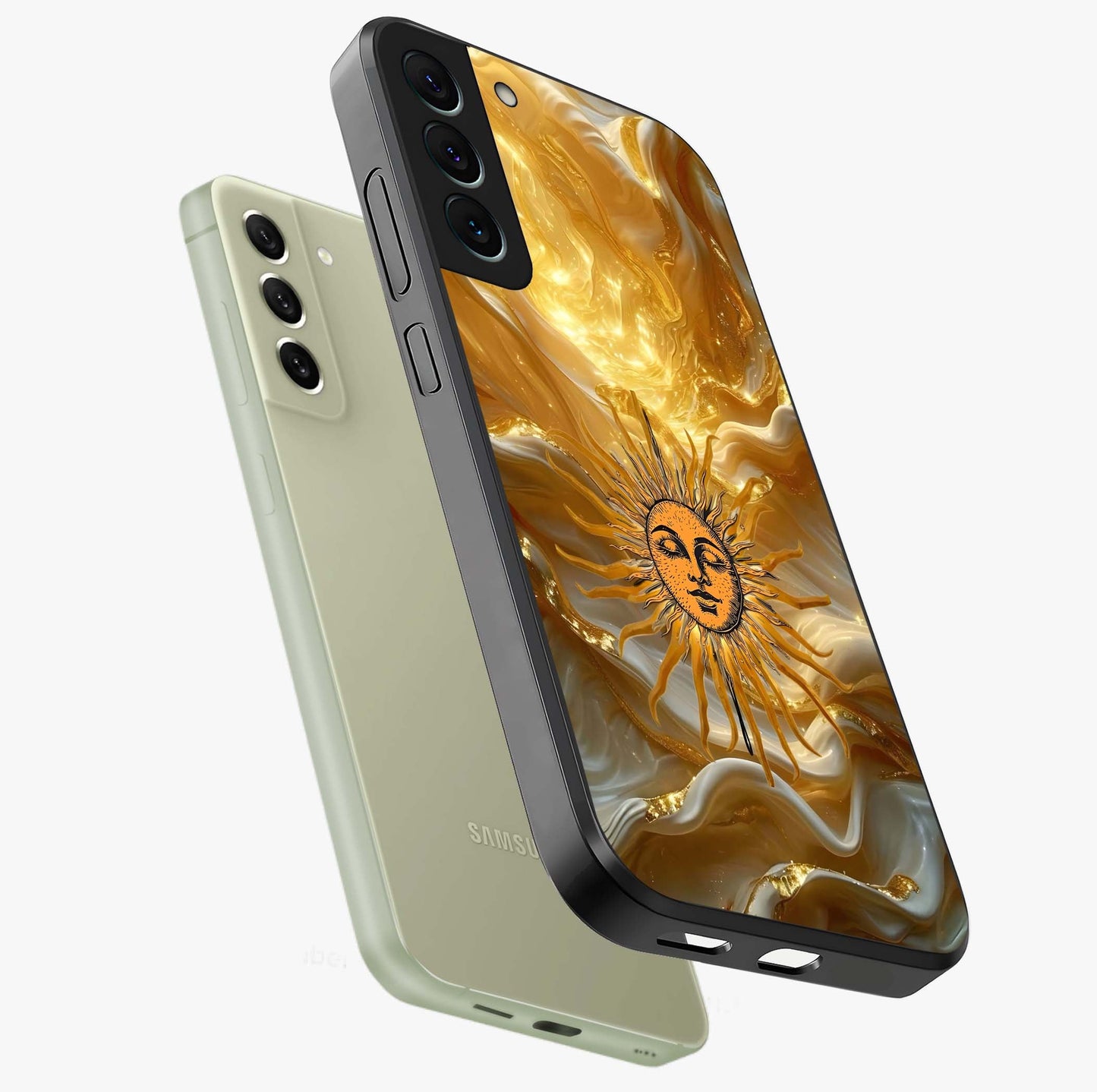 Eternal Golden Glow Glass Case displayed in angled mockup highlighting glowing golden aesthetic design with elegant style.