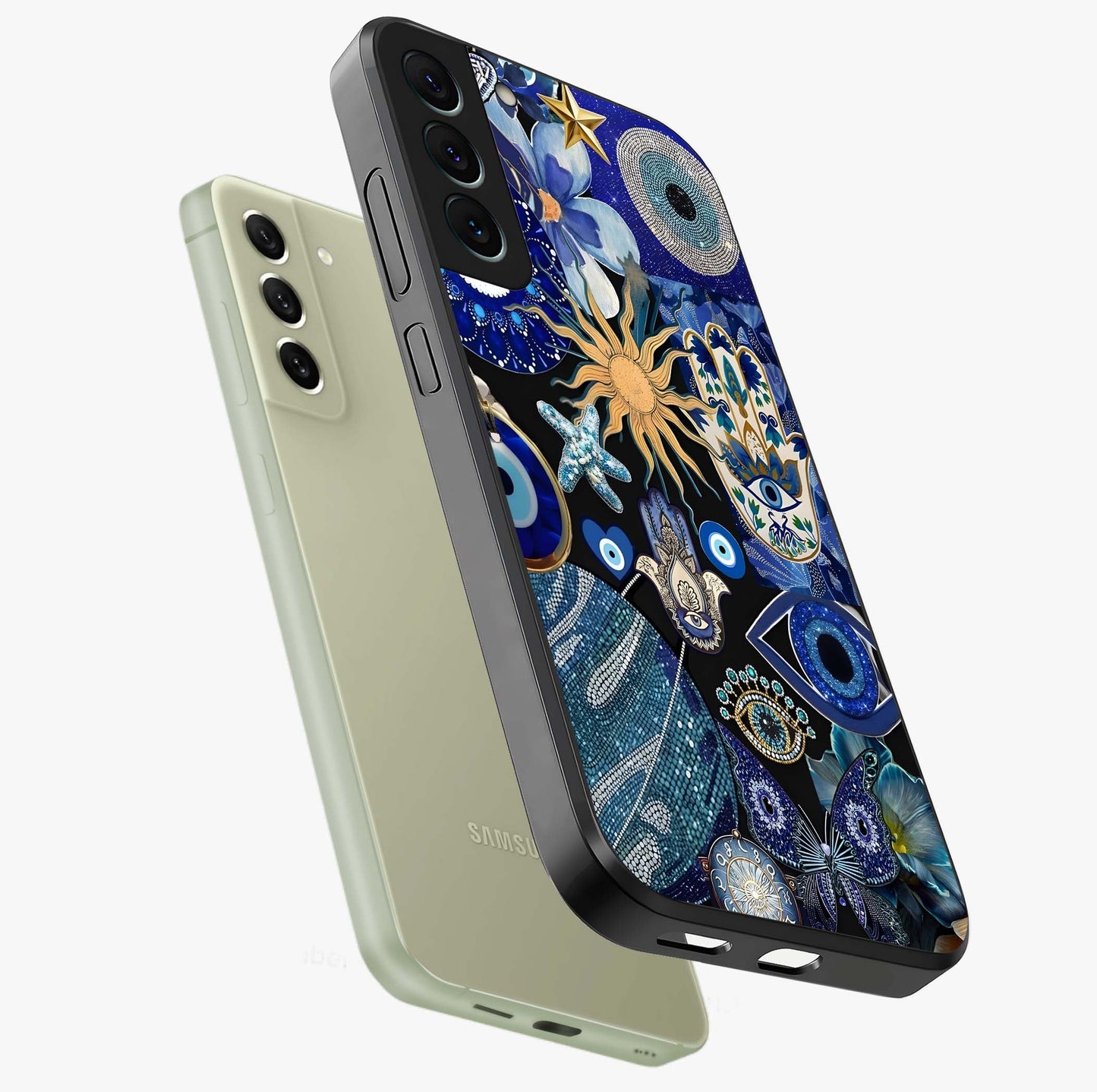 Evil Eye Charm Mix Glass Case displayed in angled mockup highlighting protective evil eye symbols with spiritual aesthetic design.