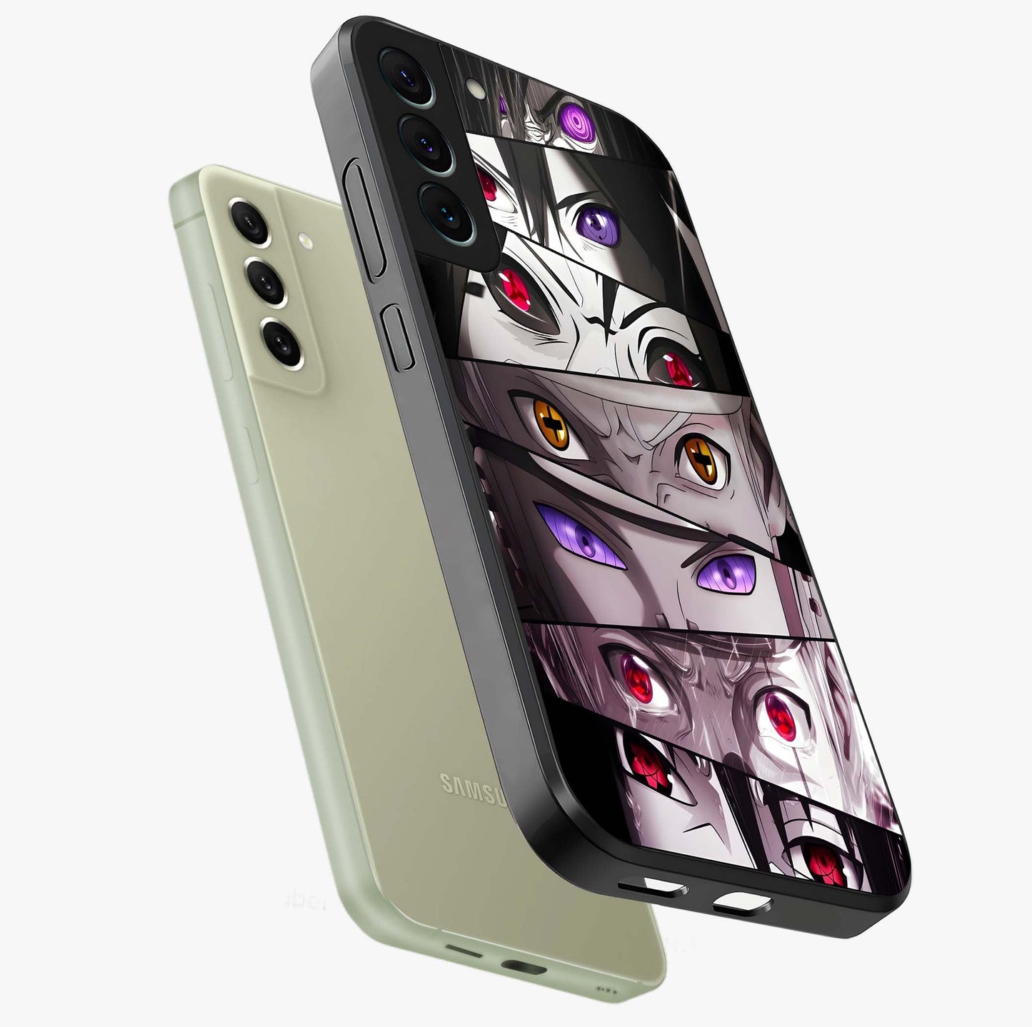 Eyes of Destiny Glass Case displayed in angled mockup highlighting bold eye illustration with mystical aesthetic style.