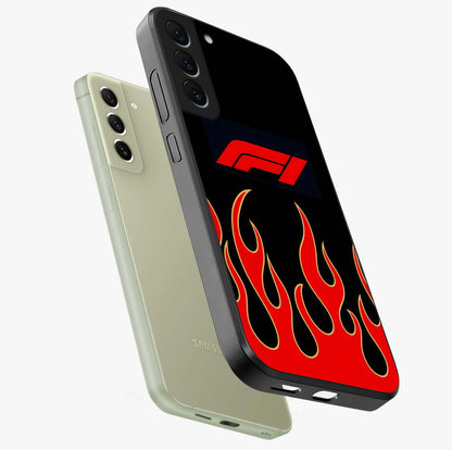 Fire F11 Glass Case displayed in angled mockup highlighting bold fire inspired graphic with energetic aesthetic style.