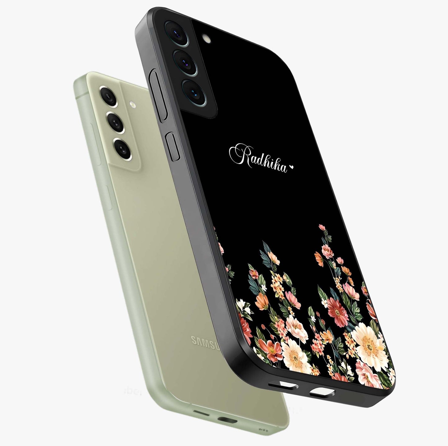 Floral Design With a Custom Personalized Name Glass Case displayed in angled mockup highlighting elegant floral pattern with custom name feature.