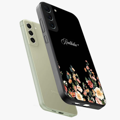 Floral Design With a Custom Personalized Name Glass Case displayed in angled mockup highlighting elegant floral pattern with custom name feature.