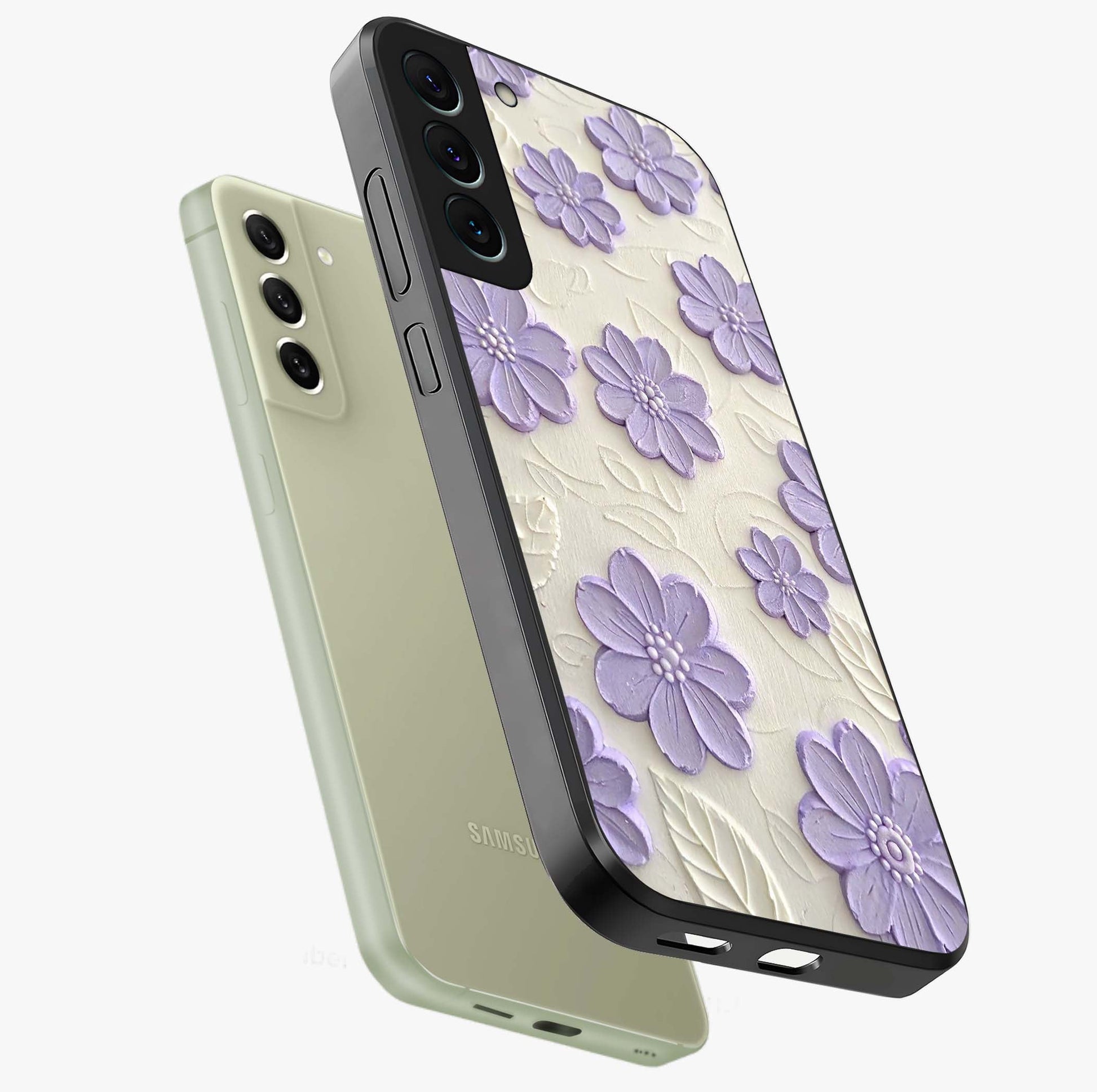 Floral Wall Art With Purple Flowers Glass Case displayed in angled mockup highlighting vibrant purple floral illustration with artistic aesthetic.