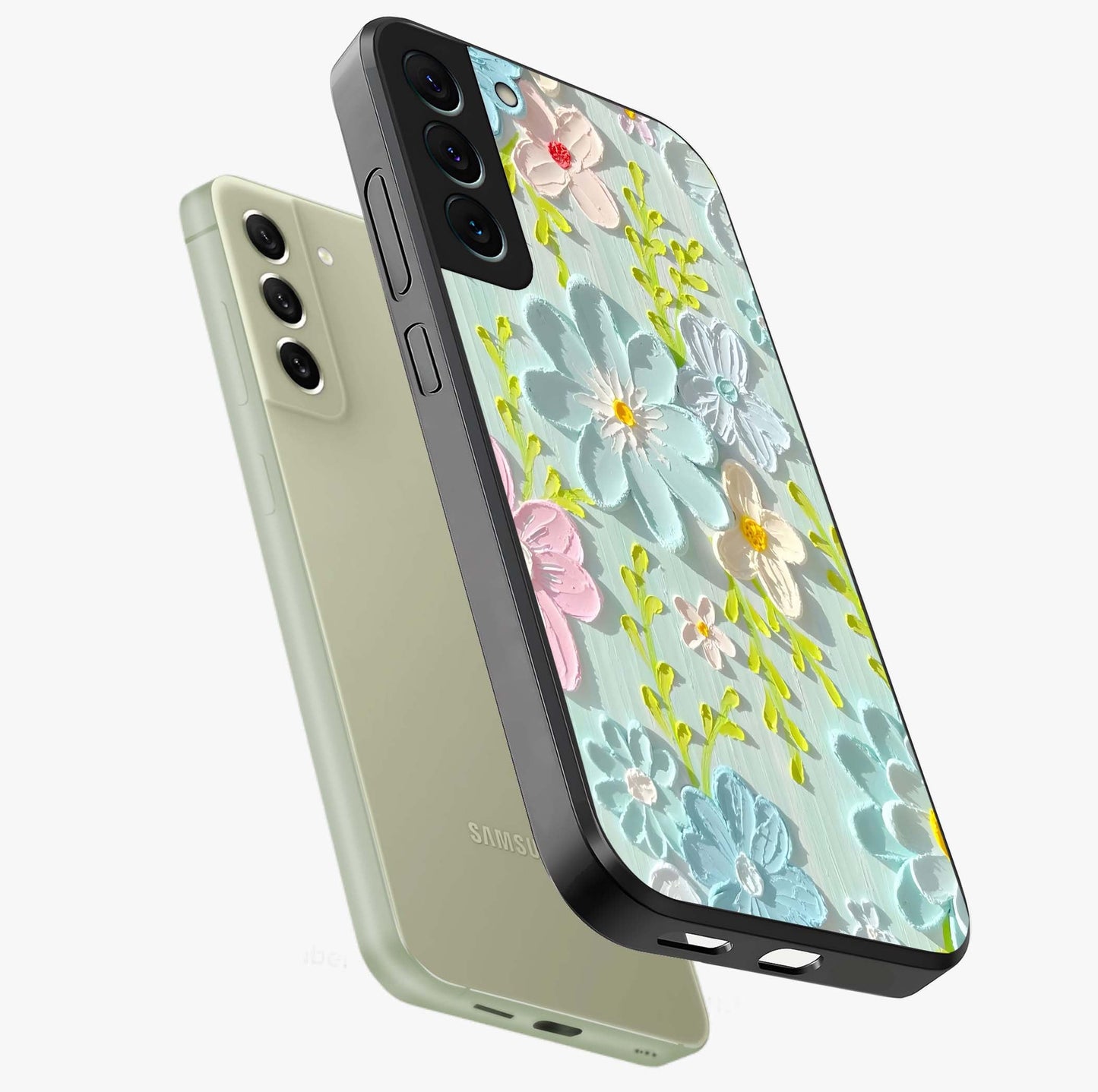 Frosted Petal Garden Glass Case displayed in angled mockup highlighting delicate flower petal design with calm garden aesthetic.