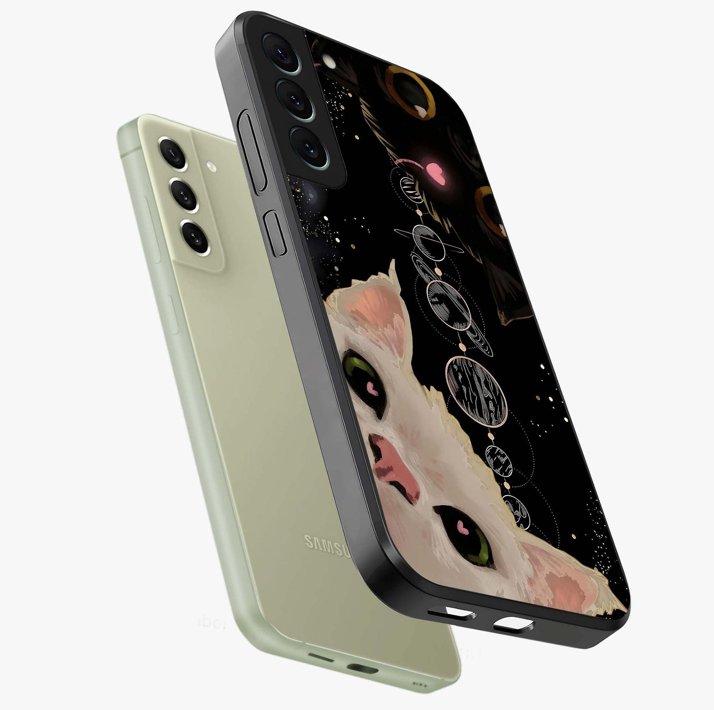Galactic Cat Glass Case displayed in angled mockup highlighting celestial feline illustration with galaxy aesthetic style.