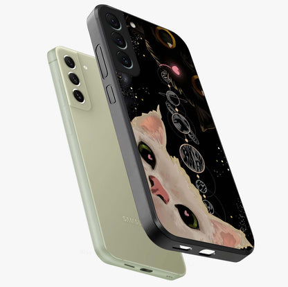 Galactic Cat Glass Case displayed in angled mockup highlighting celestial feline illustration with galaxy aesthetic style.