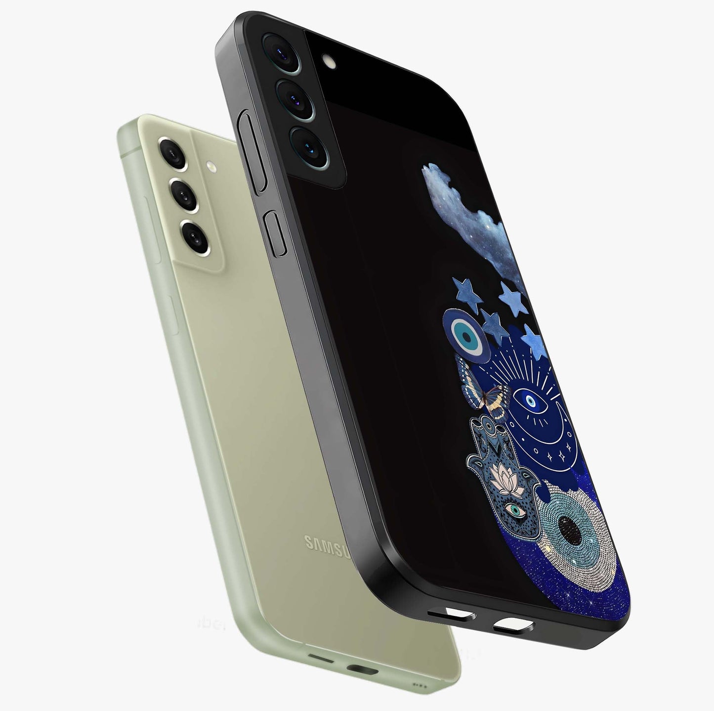 Galactic Charm Cluster Glass Case displayed in angled mockup highlighting luminous galaxy inspired design with dreamy aesthetic.