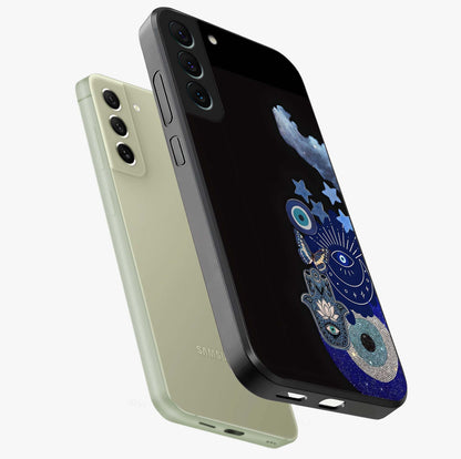Galactic Charm Cluster Glass Case displayed in angled mockup highlighting luminous galaxy inspired design with dreamy aesthetic.