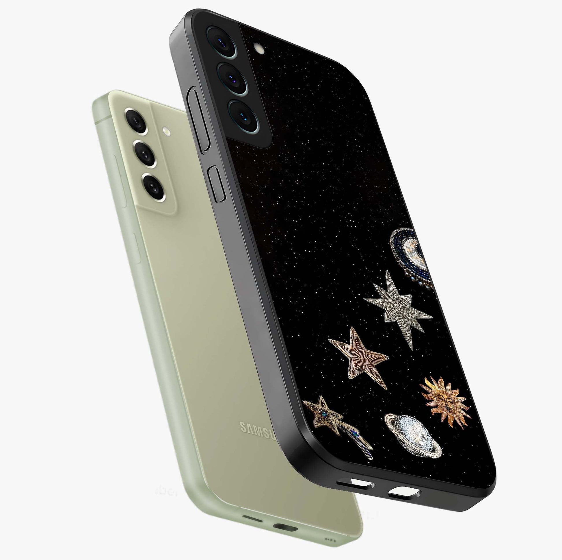 Galactic Charm Glow Glass Case displayed in angled mockup highlighting luminous galaxy inspired design with dreamy aesthetic.