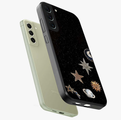 Galactic Charm Glow Glass Case displayed in angled mockup highlighting luminous galaxy inspired design with dreamy aesthetic.