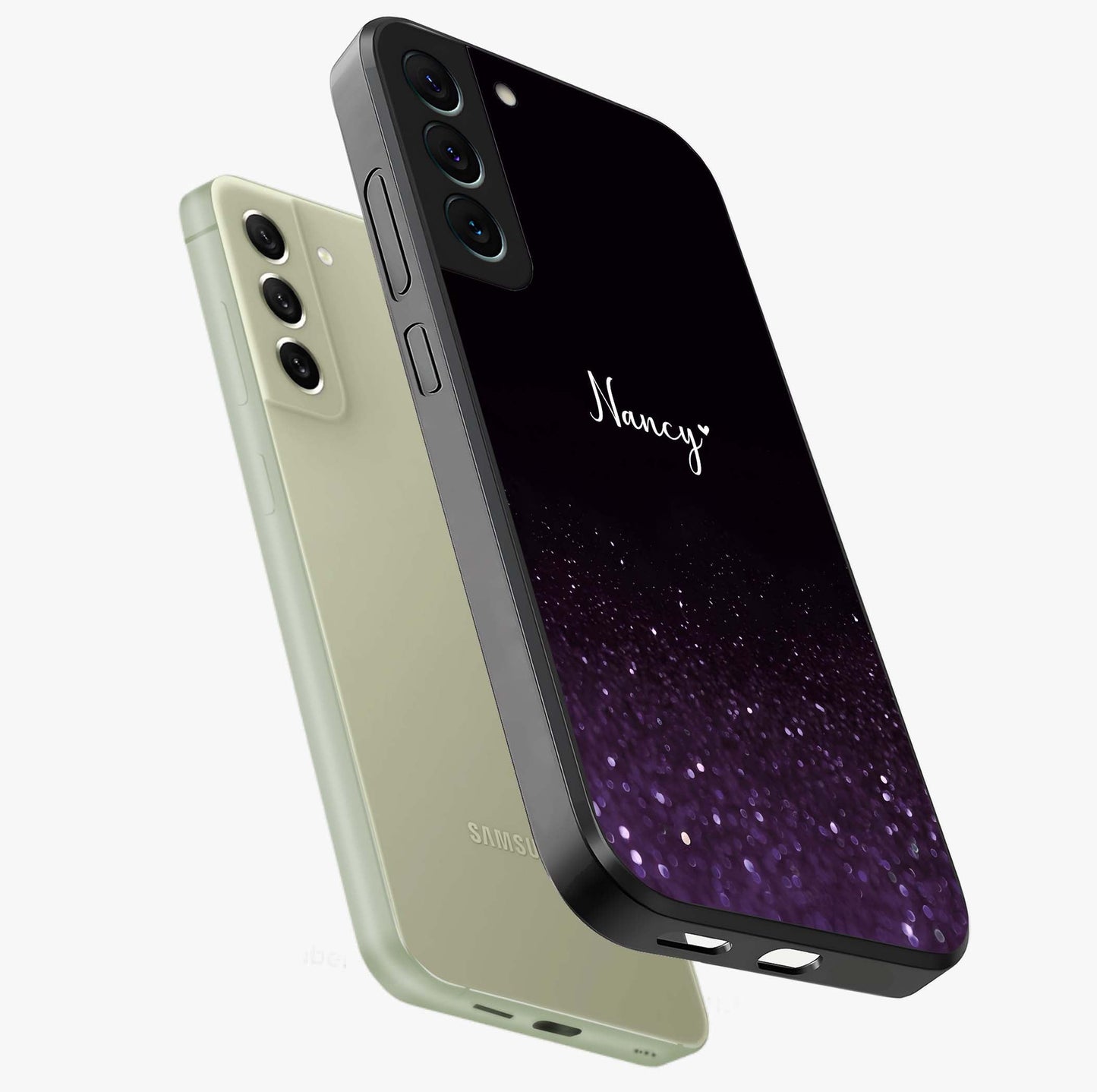 Glittery Purple Bokeh Custom Name Glass Case displayed in angled mockup highlighting glitter bokeh pattern with custom name feature.