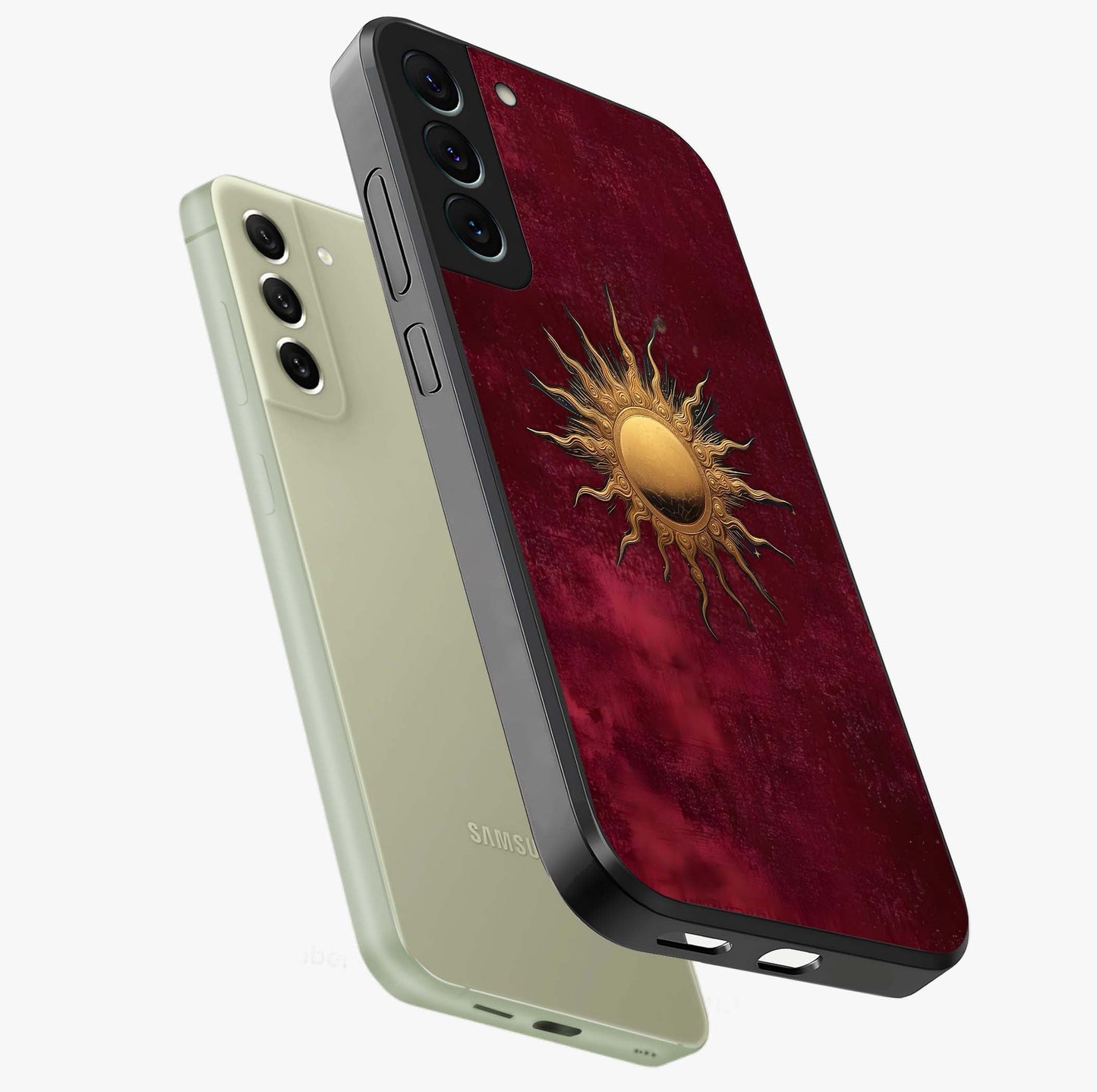 Golden Sun Minimalism Glass Case displayed in angled mockup highlighting clean sun symbol design with modern minimal aesthetic.