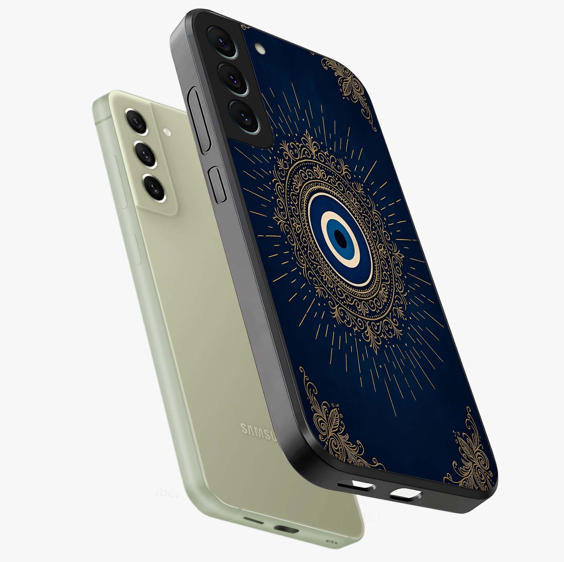 Golden Celestial Charm Glass Case displayed in angled mockup highlighting sparkling cosmic charm design with celestial aesthetic.