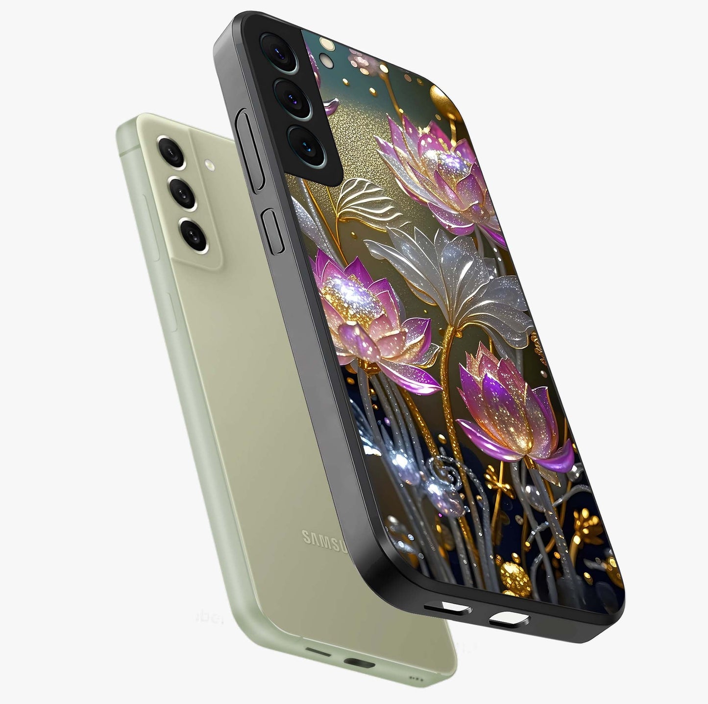 Golden Floral Majesty Glass Case displayed in angled mockup highlighting elegant flower design with royal golden aesthetic.