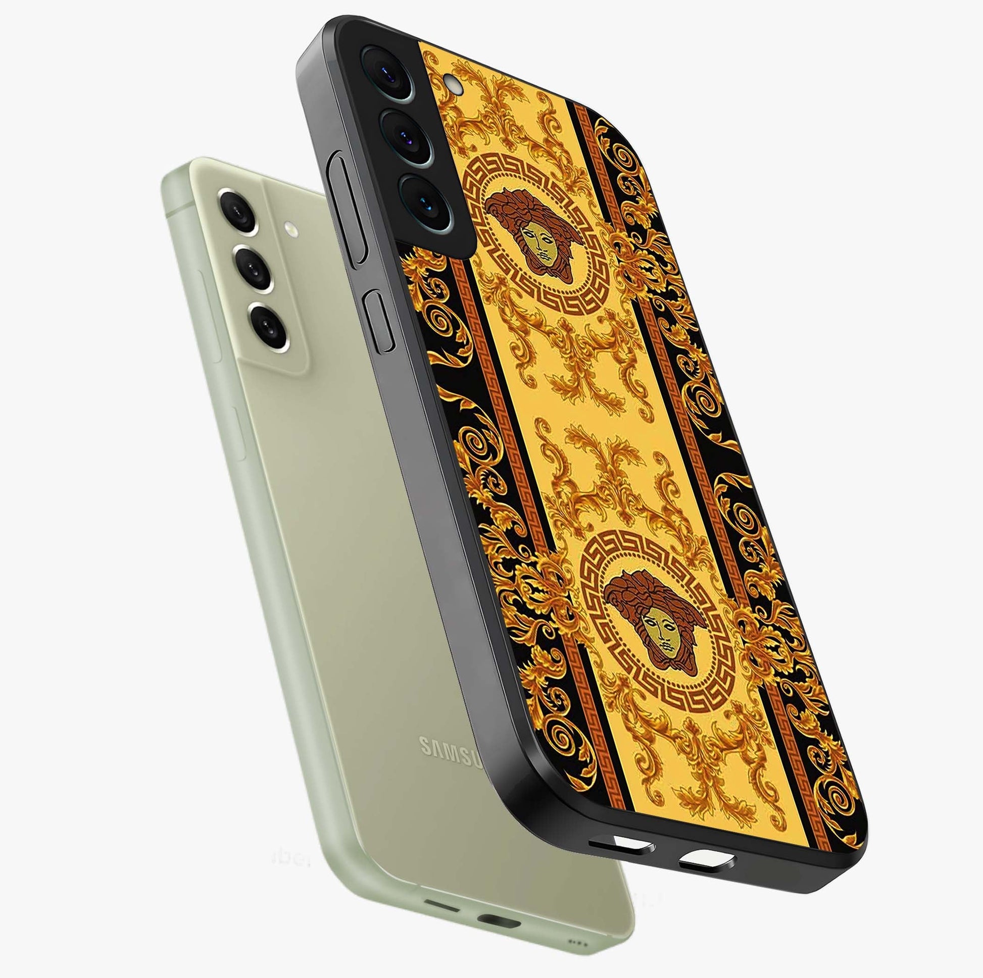 Golden Lotus Glow Glass Case displayed in angled mockup highlighting radiant lotus illustration with spiritual aesthetic.