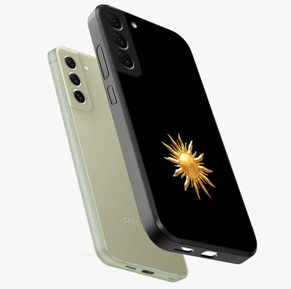Golden Sun Minimalism Glass Case displayed in angled mockup highlighting eerie shadow illustration with gothic aesthetic.