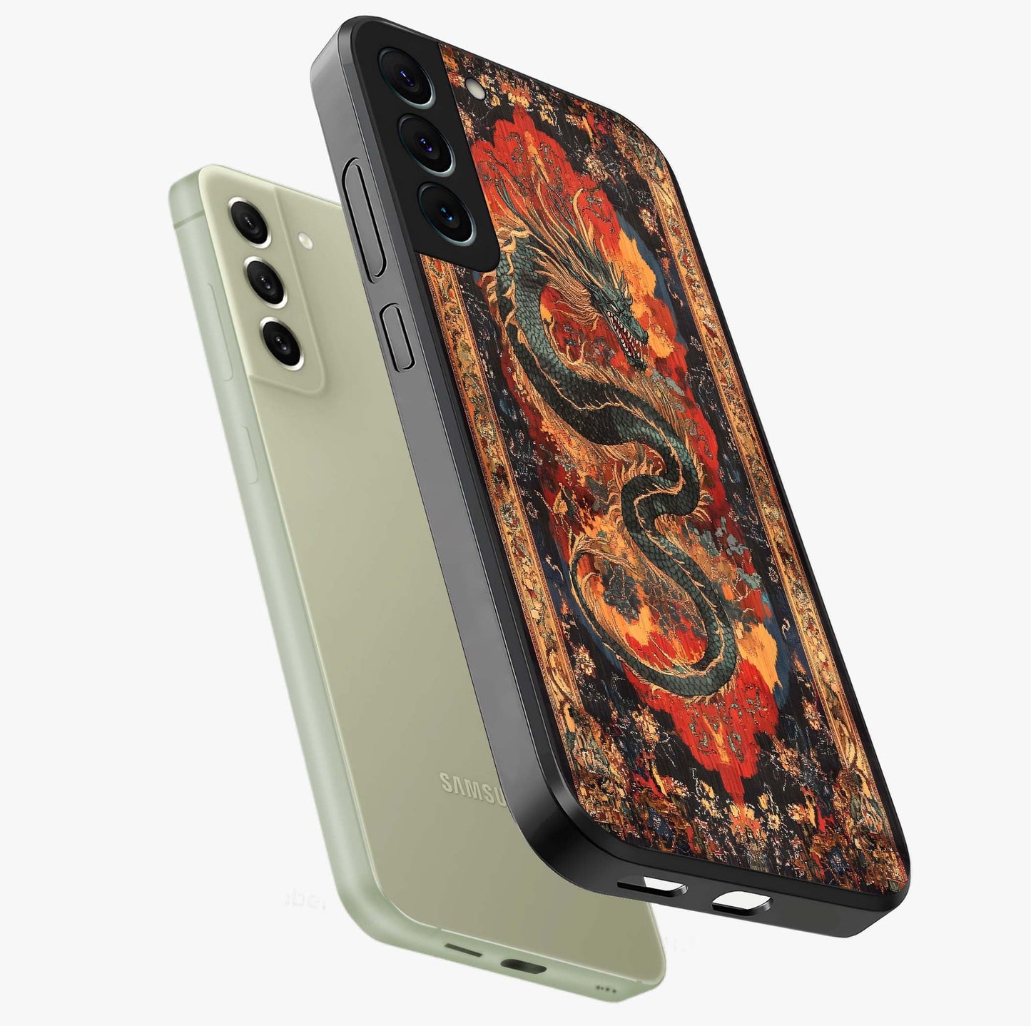 Inferno Dragon Soul Glass Case displayed in angled mockup highlighting powerful dragon illustration with inferno aesthetic.