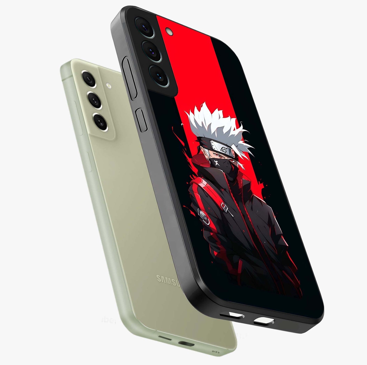 Kakashi Scarlet Shadow Glass Case displayed in angled mockup highlighting dramatic ninja illustration with scarlet themed aesthetic.