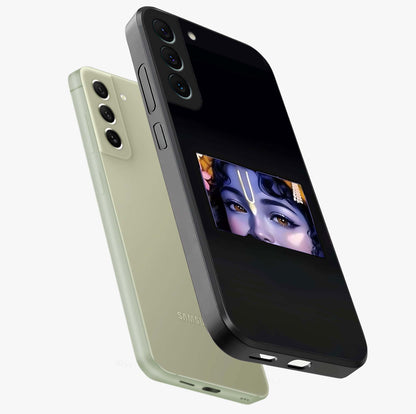 Krishna Divine Embrace Glass Case displayed in angled mockup highlighting divine Krishna illustration with spiritual aesthetic.