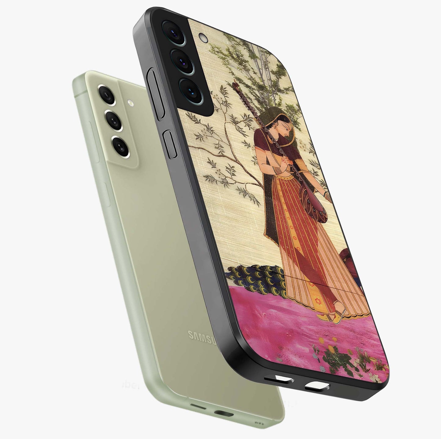 Lady With Veena Art Glass Case displayed in angled mockup highlighting graceful musical illustration with cultural artistic aesthetic.