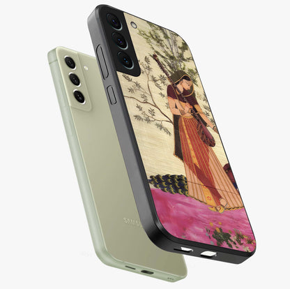 Lady With Veena Art Glass Case displayed in angled mockup highlighting graceful musical illustration with cultural artistic aesthetic.