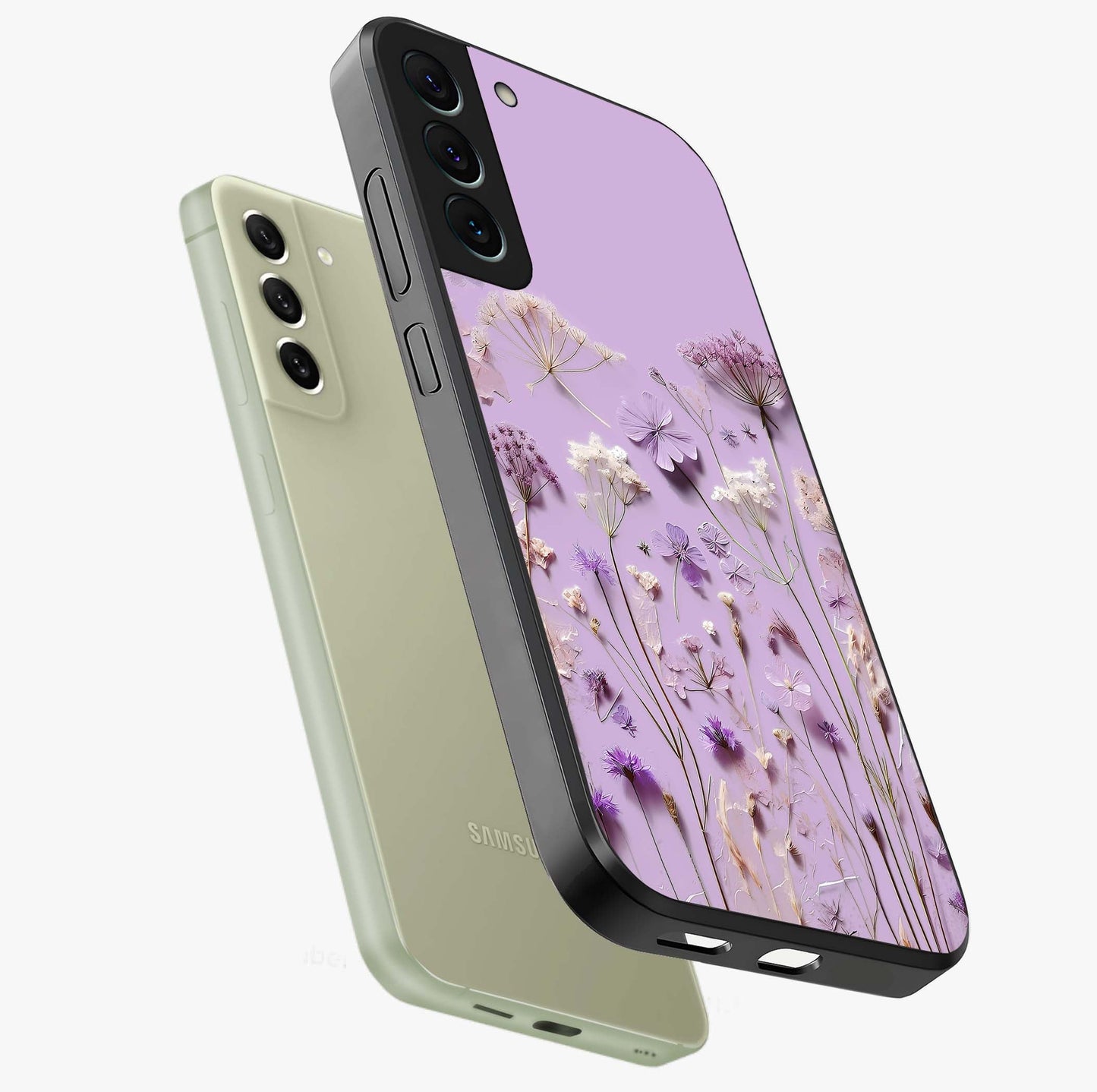 Lavender Blossom Dream Glass Case displayed in angled mockup highlighting dreamy lavender flower design with calming aesthetic style.